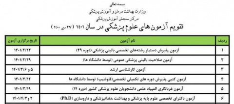 تقویم جدید آزمون‌های علوم پزشکی در سال ۱۴۰۱ ویرایش ۲۷ دی ۱۴۰۰ منتشر شد